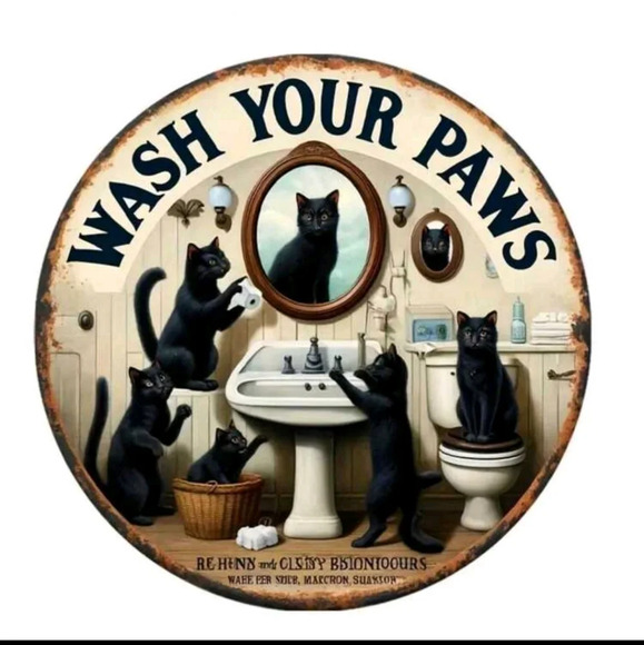 Home bath decor black cats in bathroom Wash Your Paws circular metal wall sign - Picture 2 of 4